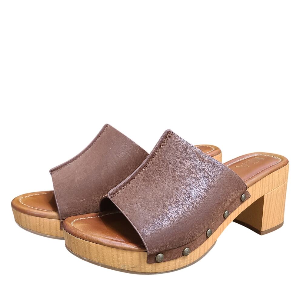 MIA Slip On Studded Chunky Mules Sandal Womens Size 6.5 Brown Retro Boho Shoes